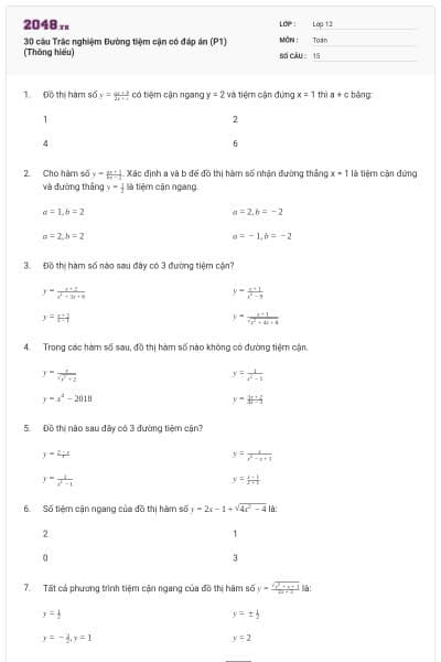 30 câu Trắc nghiệm Đường tiệm cận có đáp án (P1) (Thông hiểu)