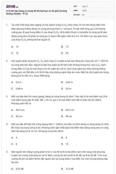615 bài tập Sóng cơ trong đề thi Đại học có lời giải (trường không chuyên - P12)
