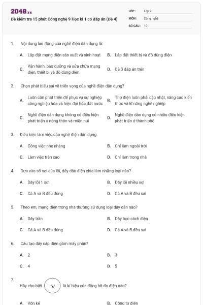 Đề kiểm tra 15 phút Công nghệ 9 Học kì 1 có đáp án (Đề 4)