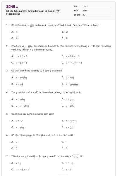 30 câu Trắc nghiệm Đường tiệm cận có đáp án (P1) (Thông hiểu)