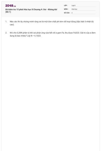 Đề kiểm tra 15 phút Hóa học 8 Chương 4: Oxi - Không khí (Đề 1)