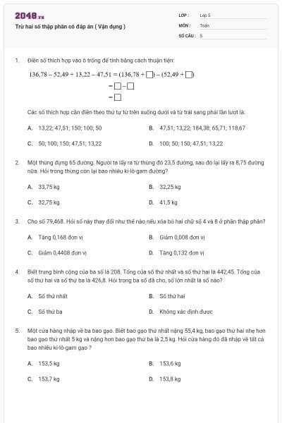 Trừ hai số thập phân có đáp án ( Vận dụng )