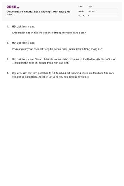 Đề kiểm tra 15 phút Hóa học 8 Chương 4: Oxi - Không khí (Đề 4)