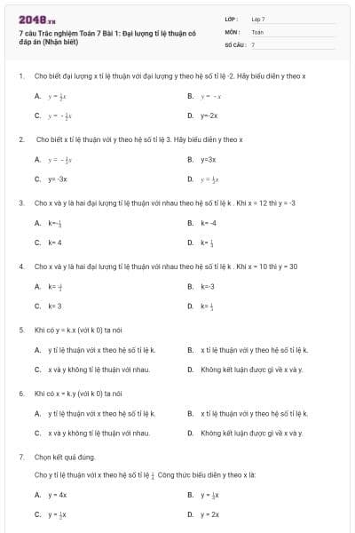 7 câu Trắc nghiệm Toán 7 Bài 1: Đại lượng tỉ lệ thuận có đáp án (Nhận biết)