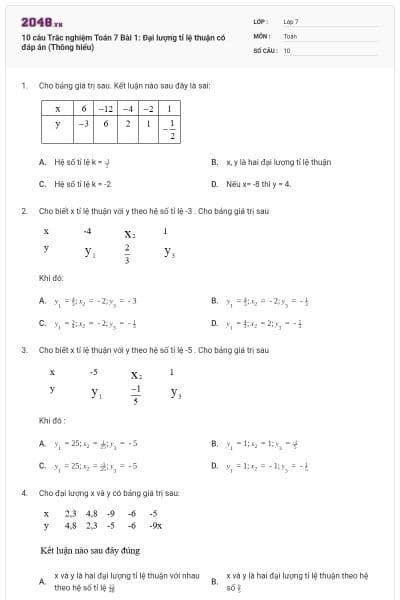 10 câu Trắc nghiệm Toán 7 Bài 1: Đại lượng tỉ lệ thuận có đáp án (Thông hiểu)
