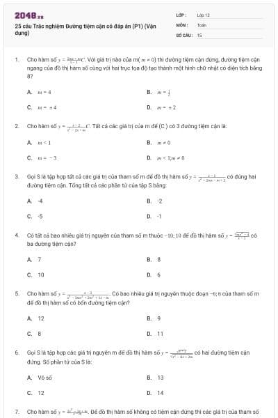 25 câu Trắc nghiệm Đường tiệm cận có đáp án (P1) (Vận dụng)