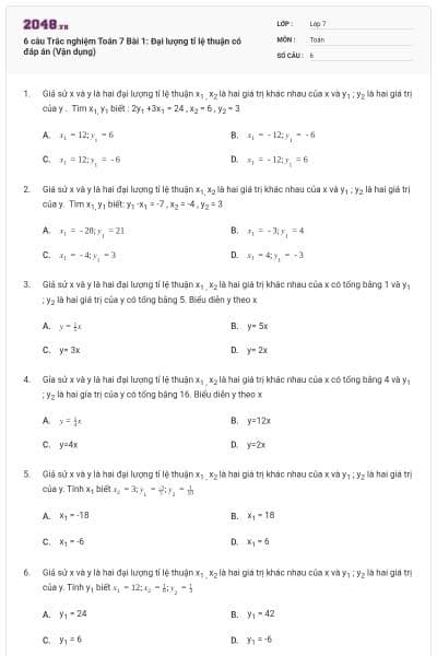 6 câu Trắc nghiệm Toán 7 Bài 1: Đại lượng tỉ lệ thuận có đáp án (Vận dụng)