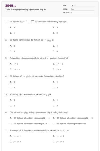 7 câu Trắc nghiệm Đường tiệm cận có đáp án