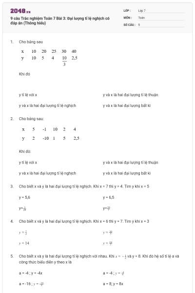 9 câu Trắc nghiệm Toán 7 Bài 3: Đại lượng tỉ lệ nghịch có đáp án (Thông hiểu)