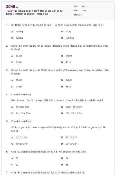 7 câu Trắc nghiệm Toán 7 Bài 2: Một số bài toán về đại lượng tỉ lệ thuận có đáp án (Thông hiểu)