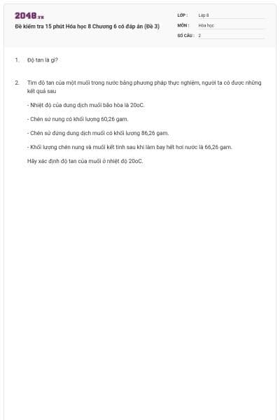 Đề kiểm tra 15 phút Hóa học 8 Chương 6 có đáp án (Đề 3)
