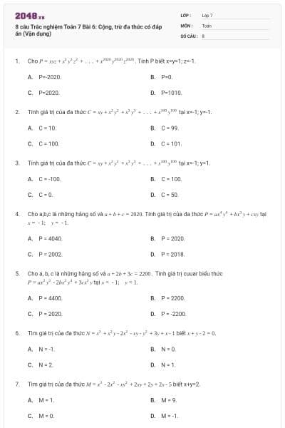 8 câu Trắc nghiệm Toán 7 Bài 6: Cộng, trừ đa thức có đáp án (Vận dụng)