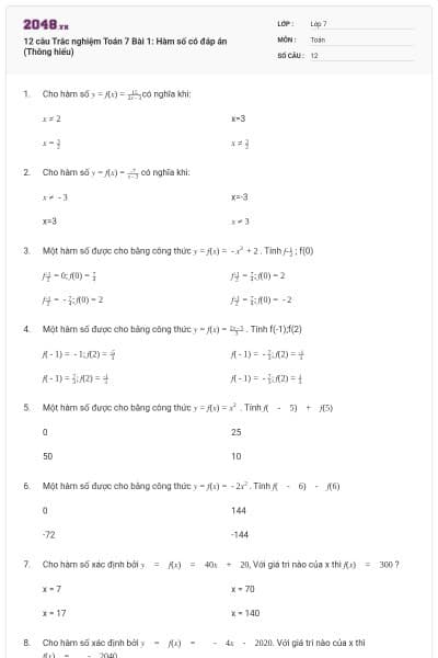 12 câu Trắc nghiệm Toán 7 Bài 1: Hàm số có đáp án (Thông hiểu)