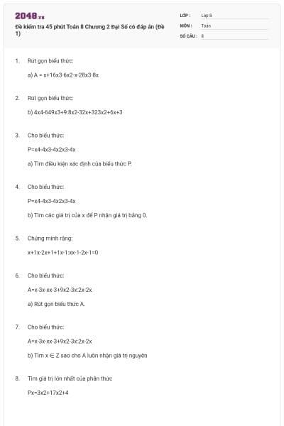 Đề kiểm tra 45 phút Toán 8 Chương 2 Đại Số có đáp án (Đề 1)