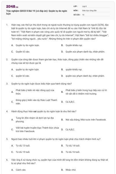 Trắc nghiệm GDCD 8 Bài 19 (có đáp án): Quyền tự do ngôn luận