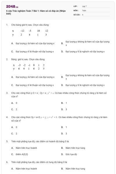 6 câu Trắc nghiệm Toán 7 Bài 1: Hàm số có đáp án (Nhận biết)