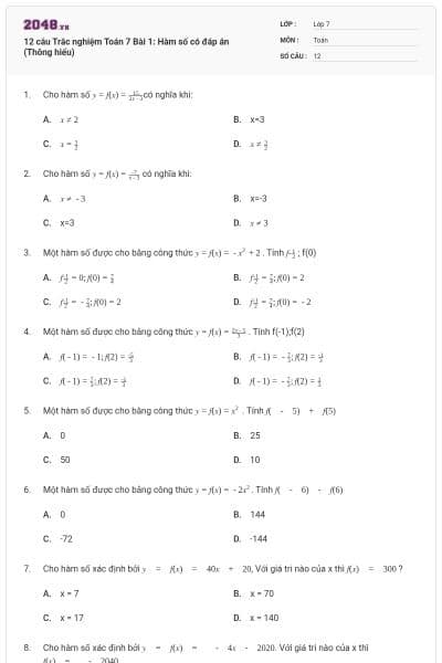 12 câu Trắc nghiệm Toán 7 Bài 1: Hàm số có đáp án (Thông hiểu)