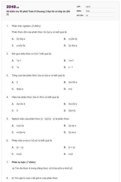 Đề kiểm tra 45 phút Toán 8 Chương 2 Đại Số có đáp án (Đề 2)