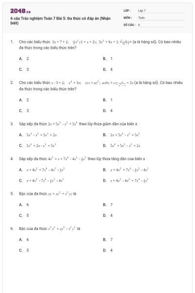 6 câu Trắc nghiệm Toán 7 Bài 5: Đa thức có đáp án (Nhận biết)
