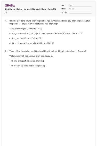 Đề kiểm tra 15 phút Hóa học 8 Chương 5: Hidro - Nước (Đề 3)