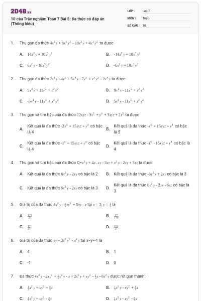 10 câu Trắc nghiệm Toán 7 Bài 5: Đa thức có đáp án (Thông hiểu)