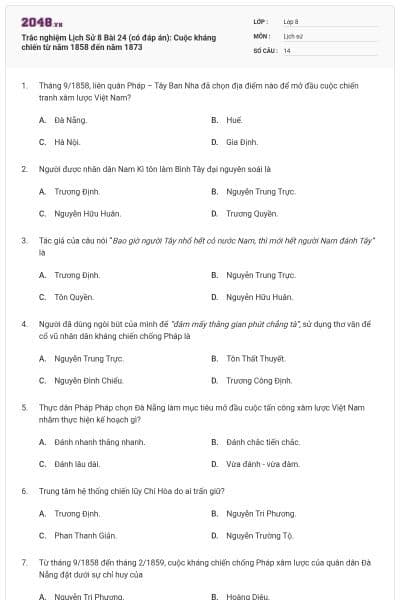 Trắc nghiệm Lịch Sử 8 Bài 24 (có đáp án): Cuộc kháng chiến từ năm 1858 đến năm 1873