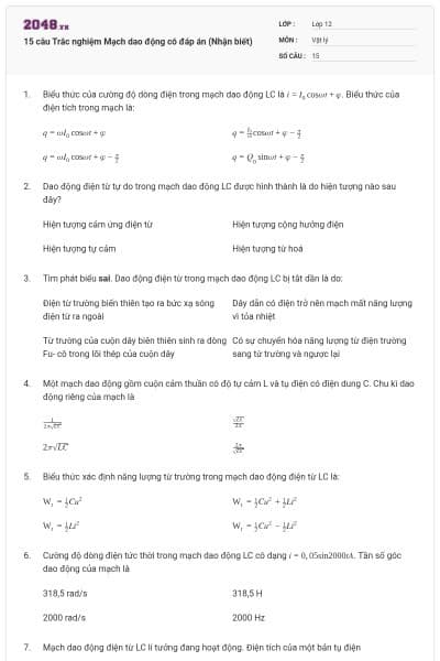 15 câu Trắc nghiệm Mạch dao động có đáp án (Nhận biết)