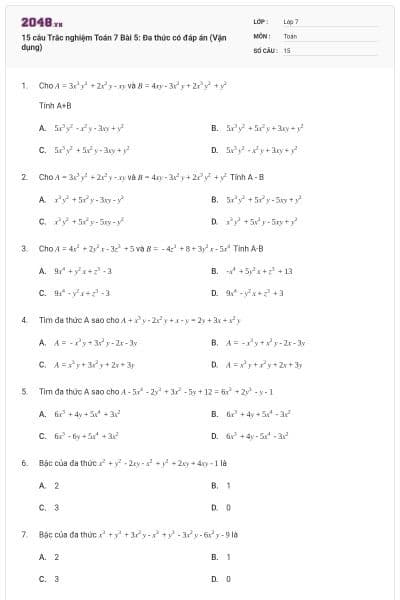 15 câu Trắc nghiệm Toán 7 Bài 5: Đa thức có đáp án (Vận dụng)
