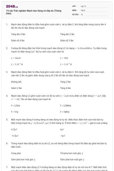 15 câu Trắc nghiệm Mạch dao động có đáp án (Thông hiểu)