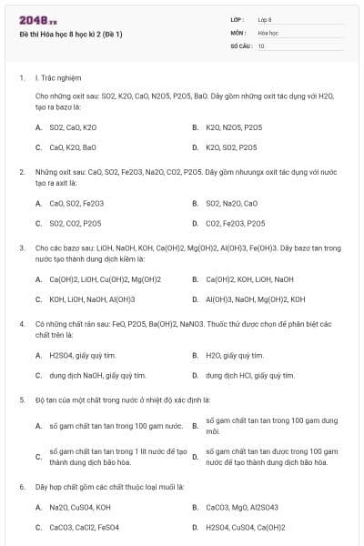 Đề thi Hóa học 8 học kì 2 (Đề 1)