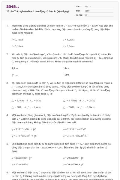 16 câu Trắc nghiệm Mạch dao động có đáp án (Vận dụng)
