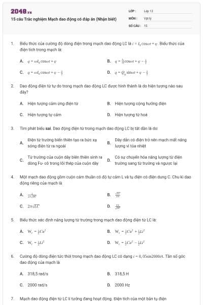 15 câu Trắc nghiệm Mạch dao động có đáp án (Nhận biết)
