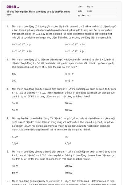 15 câu Trắc nghiệm Mạch dao động có đáp án (Vận dụng cao)