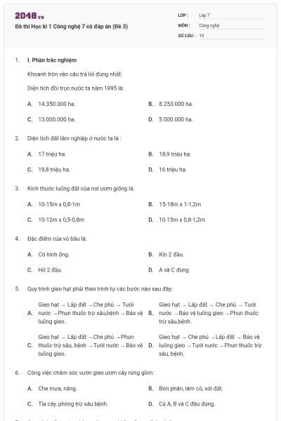 Đề thi Học kì 1 Công nghệ 7 có đáp án (Đề 3)