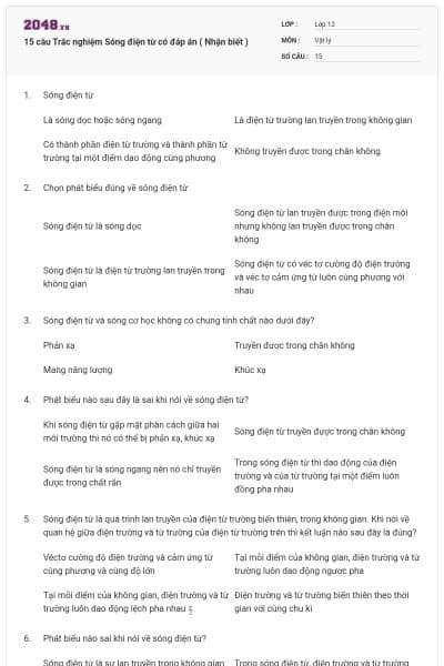 15 câu Trắc nghiệm Sóng điện từ có đáp án ( Nhận biết )