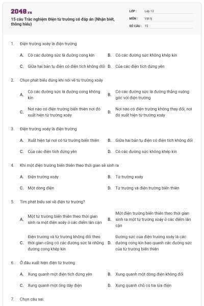 15 câu Trắc nghiệm Điện từ trường có đáp án (Nhận biết, thông hiểu)