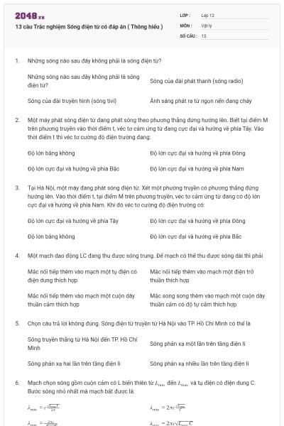 13 câu Trắc nghiệm Sóng điện từ có đáp án ( Thông hiểu )
