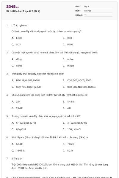 Đề thi Hóa học 8 học kì 2 (Đề 2)