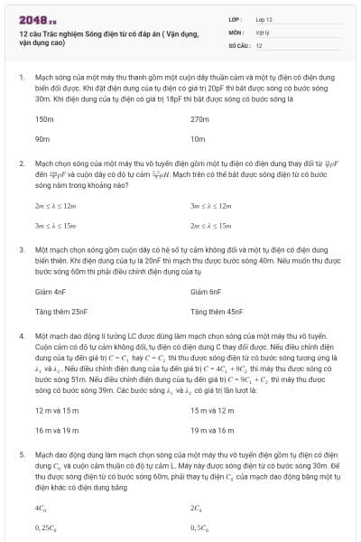 12 câu Trắc nghiệm Sóng điện từ có đáp án ( Vận dụng, vận dụng cao)