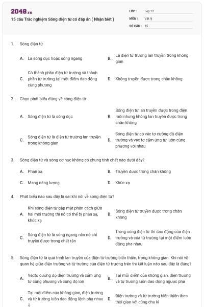 15 câu Trắc nghiệm Sóng điện từ có đáp án ( Nhận biết )