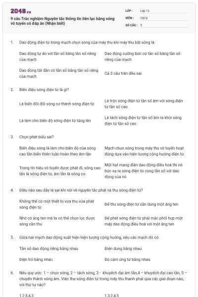9 câu Trắc nghiệm Nguyên tắc thông tin liên lạc bằng sóng vô tuyến có đáp án (Nhận biết)