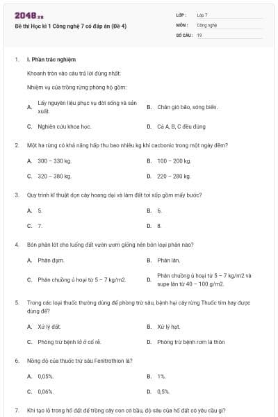 Đề thi Học kì 1 Công nghệ 7 có đáp án (Đề 4)