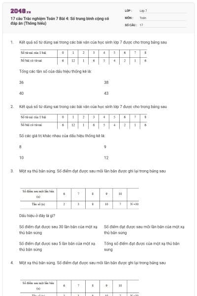 17 câu Trắc nghiệm Toán 7 Bài 4: Số trung bình cộng có đáp án (Thông hiểu)