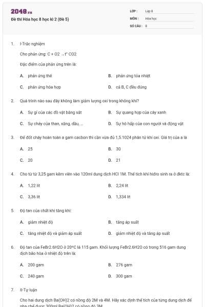 Đề thi Hóa học 8 học kì 2 (Đề 5)