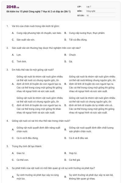 Đề kiểm tra 15 phút Công nghệ 7 Học kì 2 có đáp án (Đề 1)