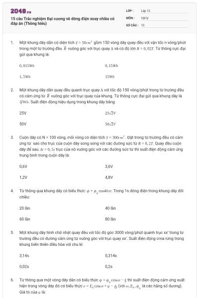 15 câu Trắc nghiệm Đại cương về dòng điện xoay chiều có đáp án (Thông hiểu)