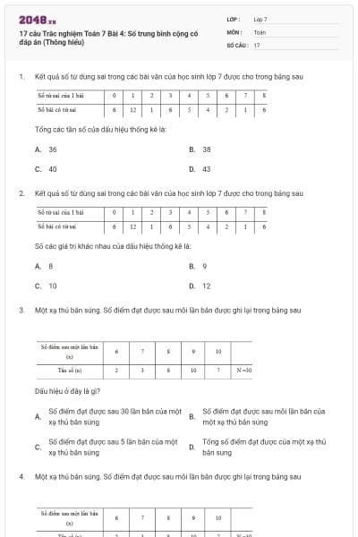 17 câu Trắc nghiệm Toán 7 Bài 4: Số trung bình cộng có đáp án (Thông hiểu)