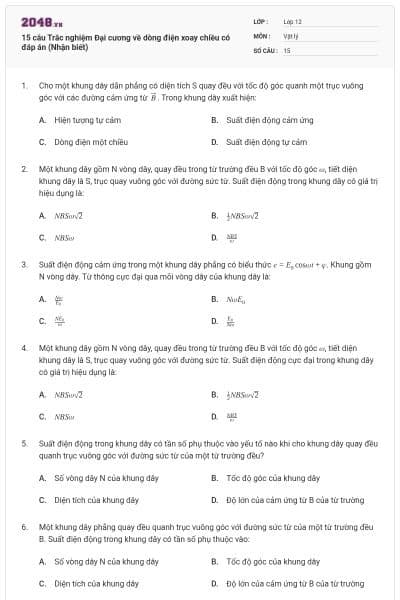 15 câu Trắc nghiệm Đại cương về dòng điện xoay chiều có đáp án (Nhận biết)