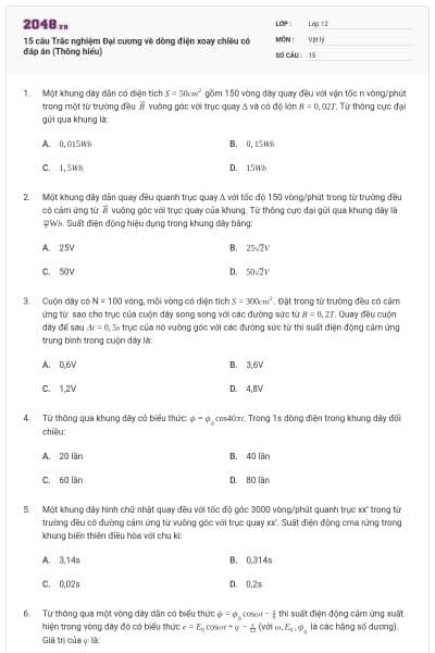 15 câu Trắc nghiệm Đại cương về dòng điện xoay chiều có đáp án (Thông hiểu)