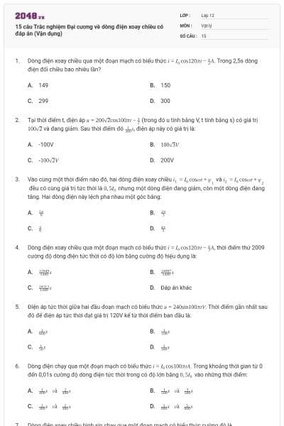 15 câu Trắc nghiệm Đại cương về dòng điện xoay chiều có đáp án (Vận dụng)